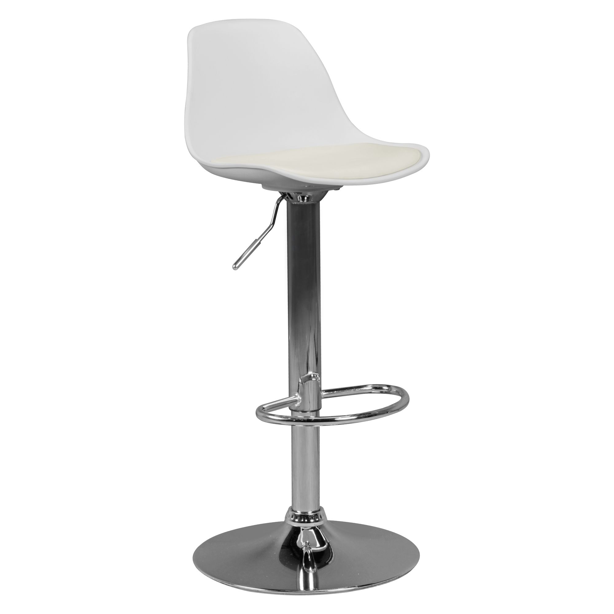 Scaun de Bar Eleganta Trompeta Alb Cromat - Rotativ 360° Scaun de Bar Eleganta Trompeta Alb Cromat - Rotativ 360°
