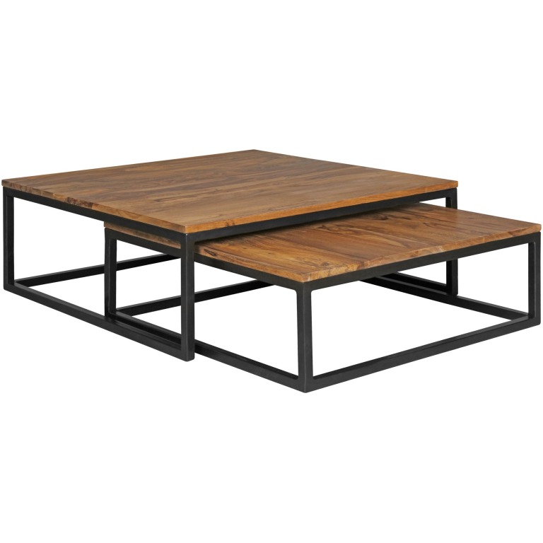 Set de mese de cafea industriale cu cadre metalice și plăci de lemn - Design modern și solid