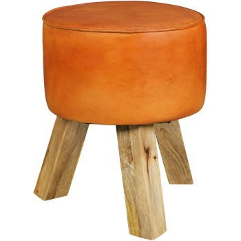 Scaun Rotund Rustic din Piele Naturală cu Picioare Masive din Lemn