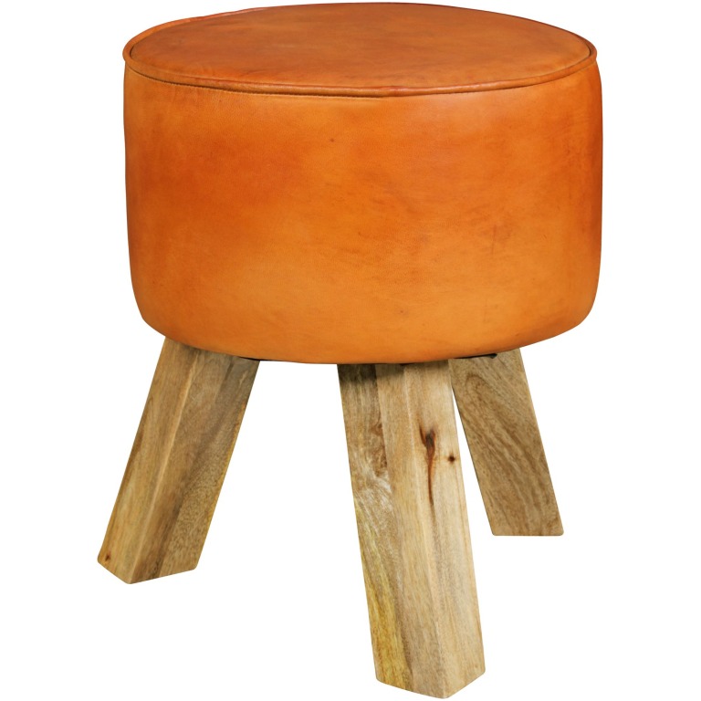 Scaun Rotund Rustic din Piele Naturală cu Picioare Masive din Lemn