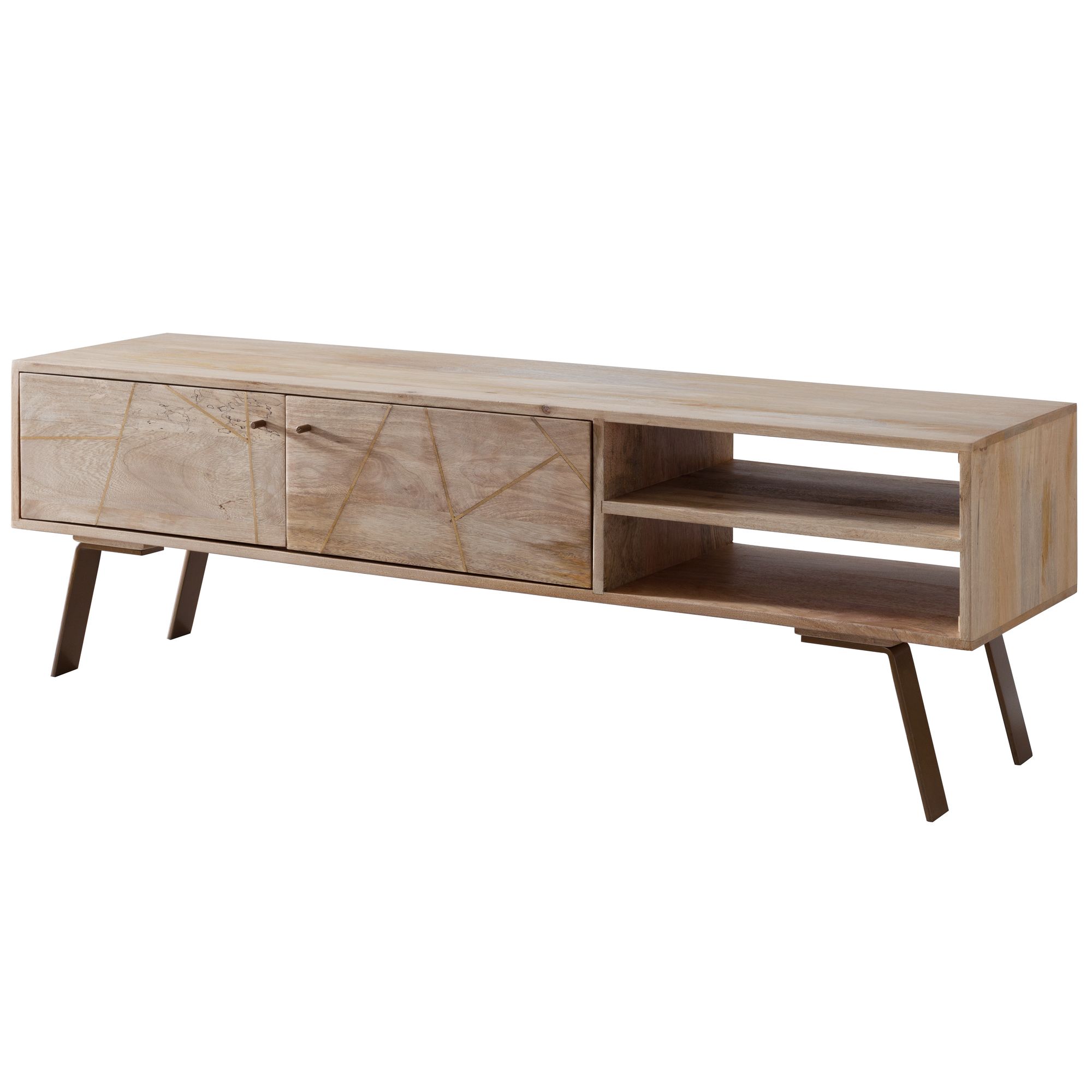 Dulap TV rustic cu benzi metalice și raft dreptunghiular Dulap TV rustic cu benzi metalice și raft dreptunghiular