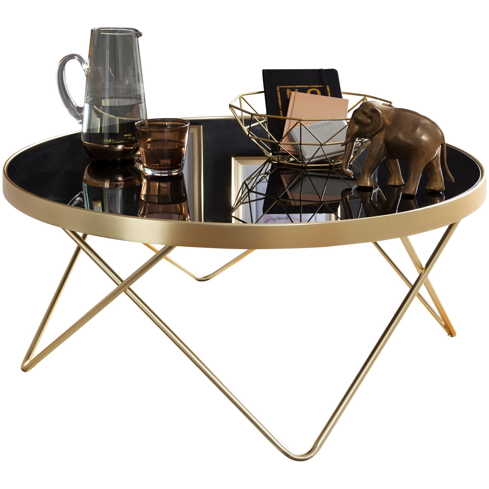 Măsuță de Cafea Eleganta Retro cu Picior în V - Sticlă Neagră & Cadru Auriu Măsuță de Cafea Eleganta Retro cu Picior în V - Sticlă Neagră & Cadru Auriu
