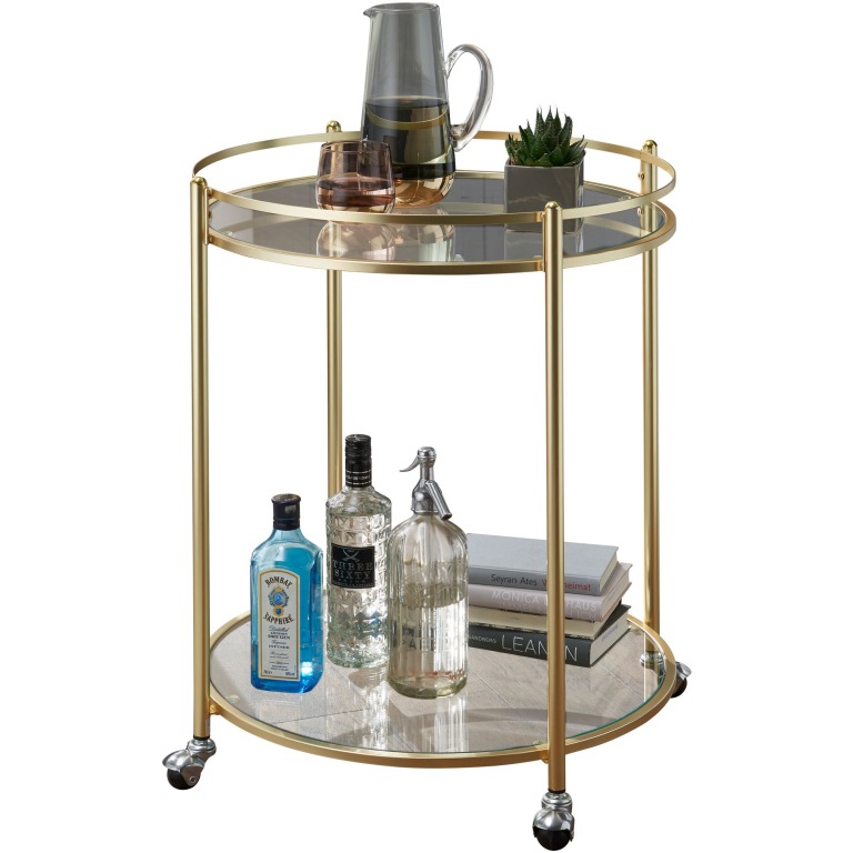 Cărucior Servire Aur Șold Retro Minibar Rotund 2 Spații Lucru