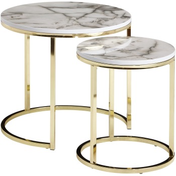 Set de Mese Laterale Rotunde cu Blaturi de Marmură și Cadru Metalic - Design Modern