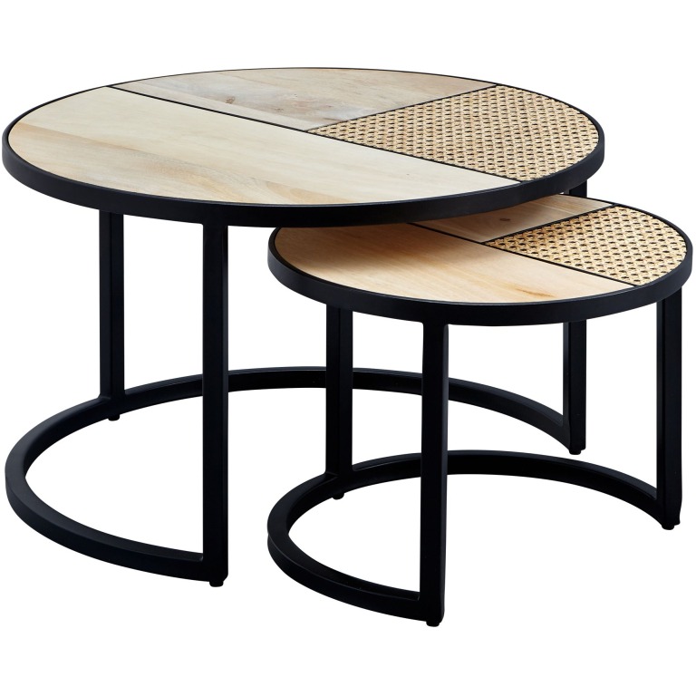 Mese Laterale Rotunde Stil Industrial Rațan/Lemn/Metal - Set 2 Buc.