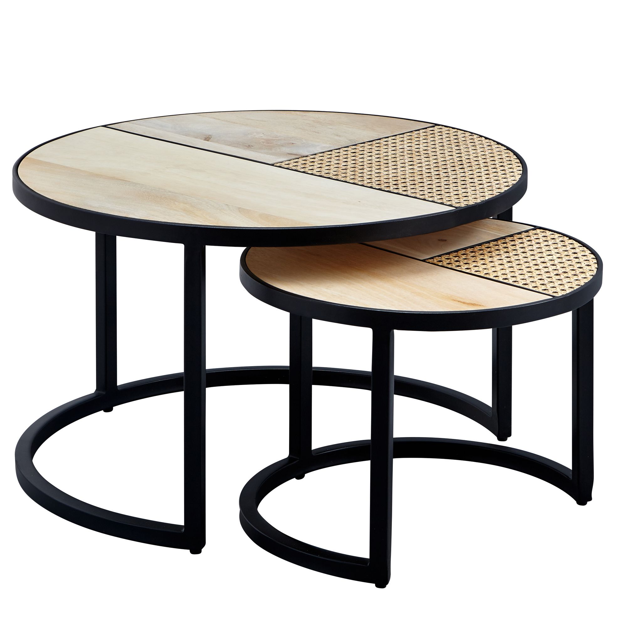 Mese Laterale Rotunde Stil Industrial Rațan/Lemn/Metal - Set 2 Buc. Mese Laterale Rotunde Stil Industrial Rațan/Lemn/Metal - Set 2 Buc.