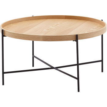 Masută de Cafea Modernă cu Blat Rotund din Stejar - Design Simplu cu Elemente Metalice