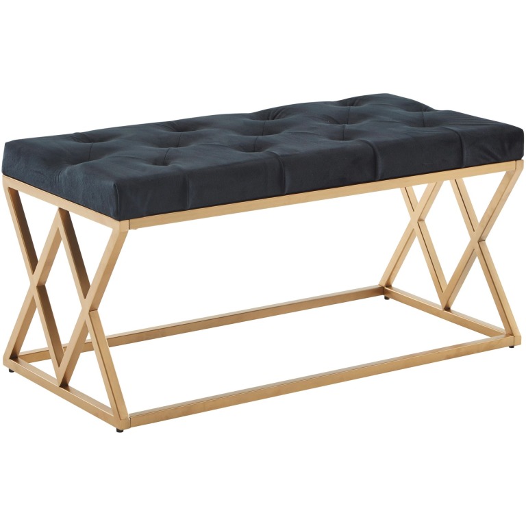 Bancă tapițată elegantă cu design Chesterfield și cadru auriu