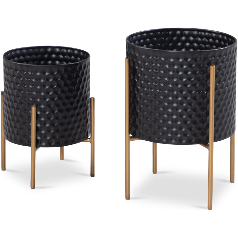 Set elegant de 2 ghivece moderne cu model de fagure 3D - Negru și auriu