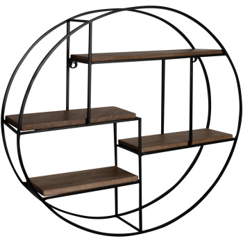 Raft Rotund de Perete Industrial Modern cu 4 Rafturi - Lemn Masiv și Metal