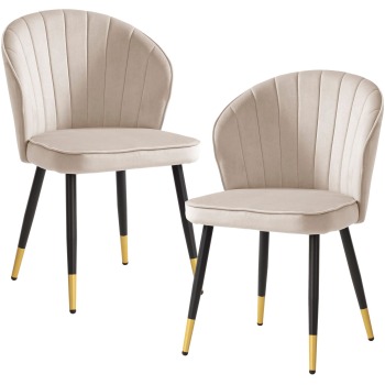 Scaun de sufragerie Set de 2 Scaune de bucatarie din catifea bej cu picioare metalice