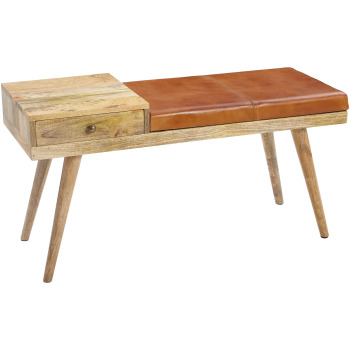 Bancă Iconică Retro Modernă din Lemn și Piele cu Cusături Vizibile - 100x38x48 cm