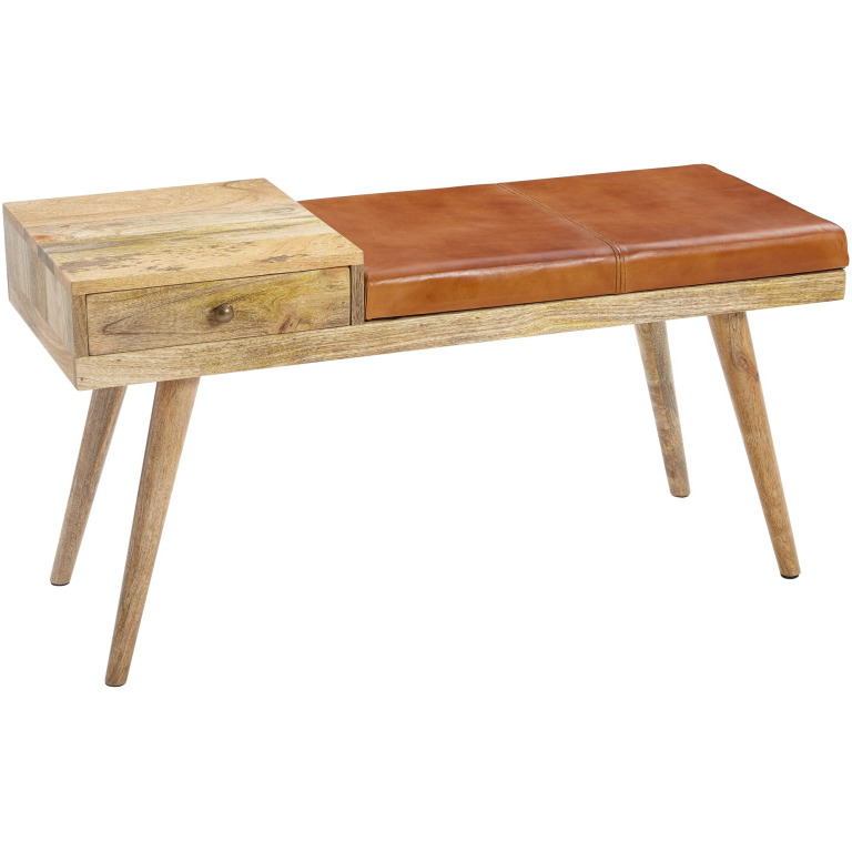 Bancă Iconică Retro Modernă din Lemn și Piele cu Cusături Vizibile - 100x38x48 cm
