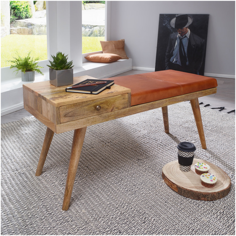 Bancă Iconică Retro Modernă din Lemn și Piele cu Cusături Vizibile - 100x38x48 cm
