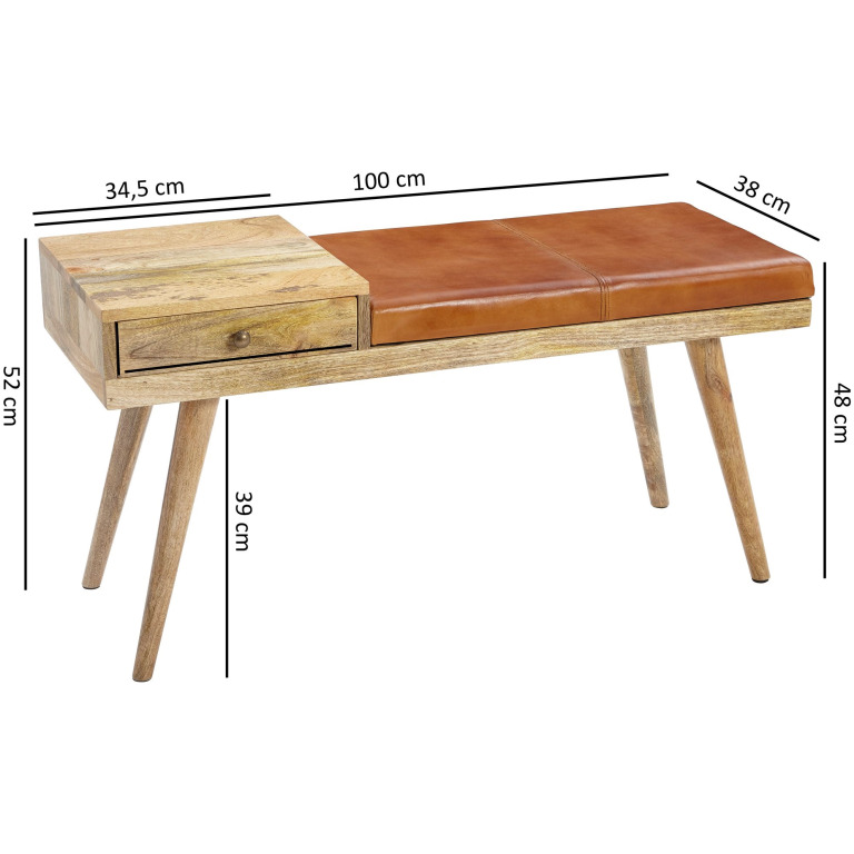 Bancă Iconică Retro Modernă din Lemn și Piele cu Cusături Vizibile - 100x38x48 cm