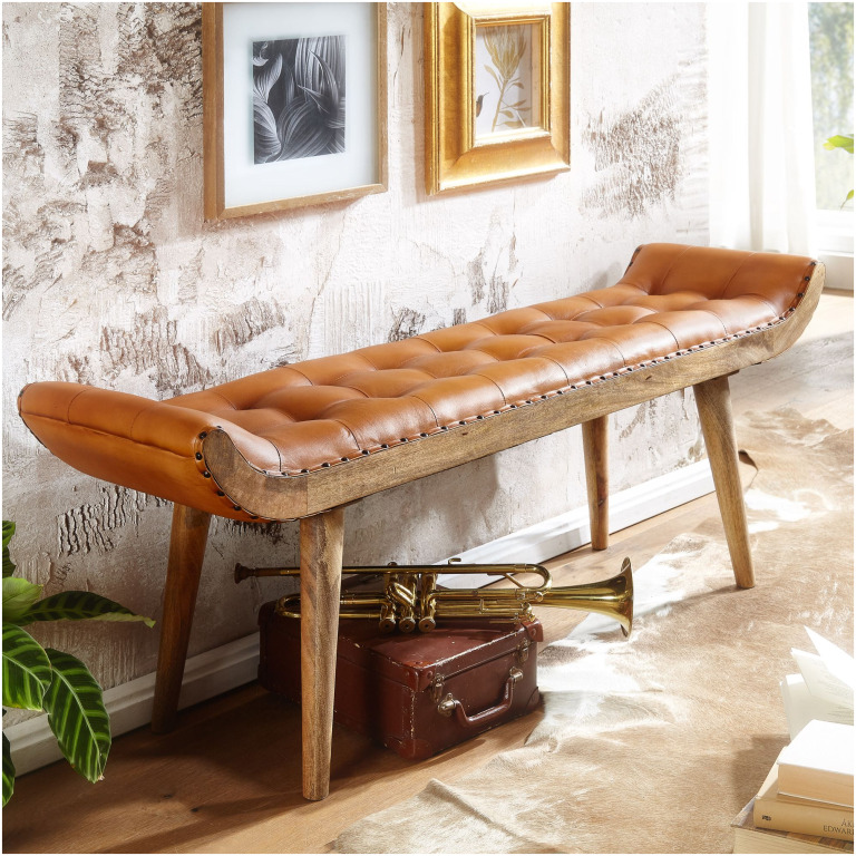 Bancă Chesterfield din Piele și Lemn Masiv//Design Modern - 125x50x38 cm