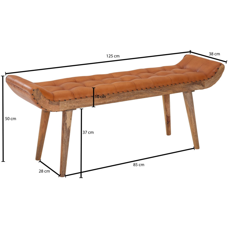 Bancă Chesterfield din Piele și Lemn Masiv//Design Modern - 125x50x38 cm