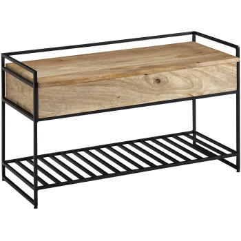 Bancă Mică cu Design Modern din Lemn Masiv și Metal//Raft pentru Pantofi - 90x52x38 cm
