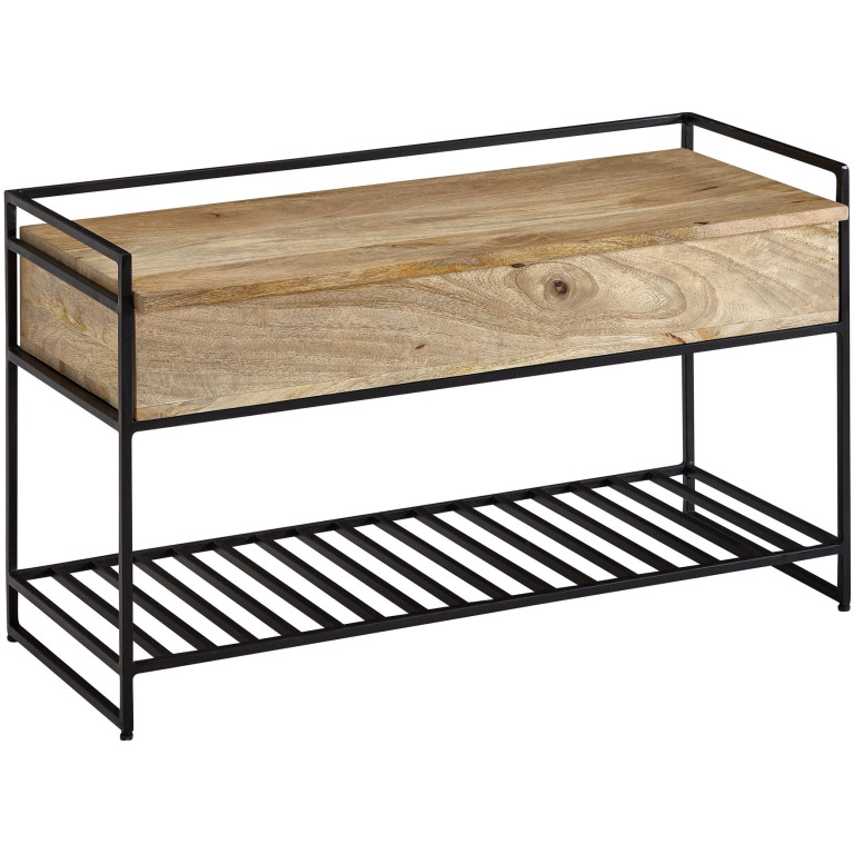 Bancă Mică cu Design Modern din Lemn Masiv și Metal//Raft pentru Pantofi - 90x52x38 cm