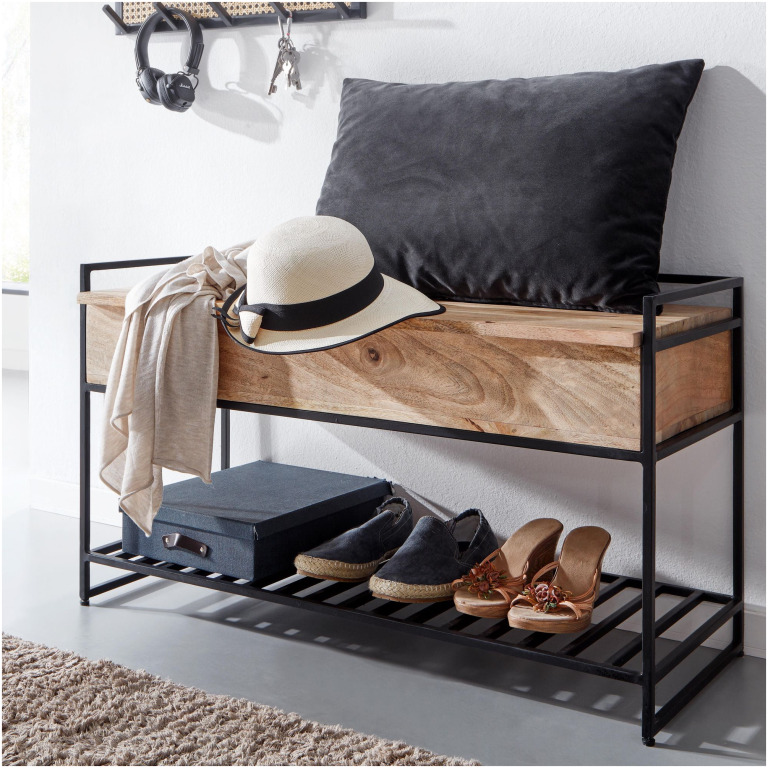 Bancă Mică cu Design Modern din Lemn Masiv și Metal//Raft pentru Pantofi - 90x52x38 cm