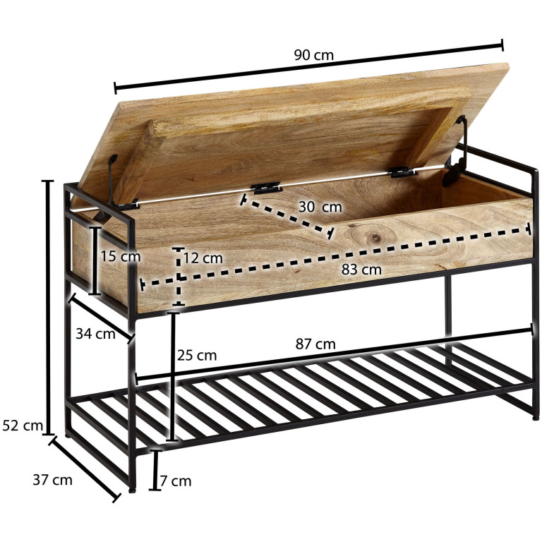 Bancă Mică cu Design Modern din Lemn Masiv și Metal//Raft pentru Pantofi - 90x52x38 cm