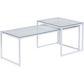 Set 2 Măsuțe Cafea Cuibărite // Sticlă și Metal Alb //Design Modern