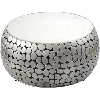 Masă Cafea Rotundă // Design Marmură Albă & Aluminiu Argintiu